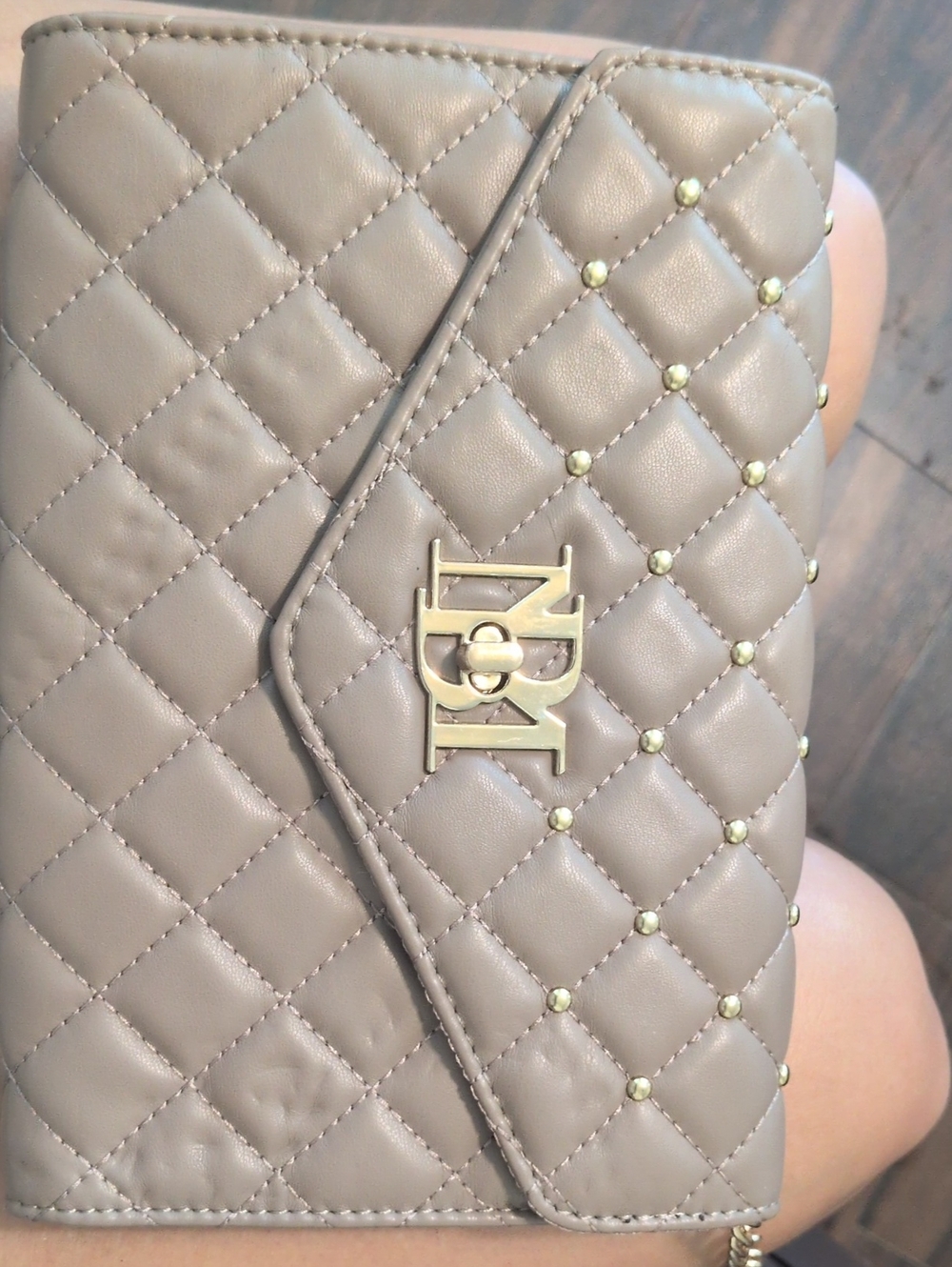 Quilted Taupe Chain Clutch with Gold Studs